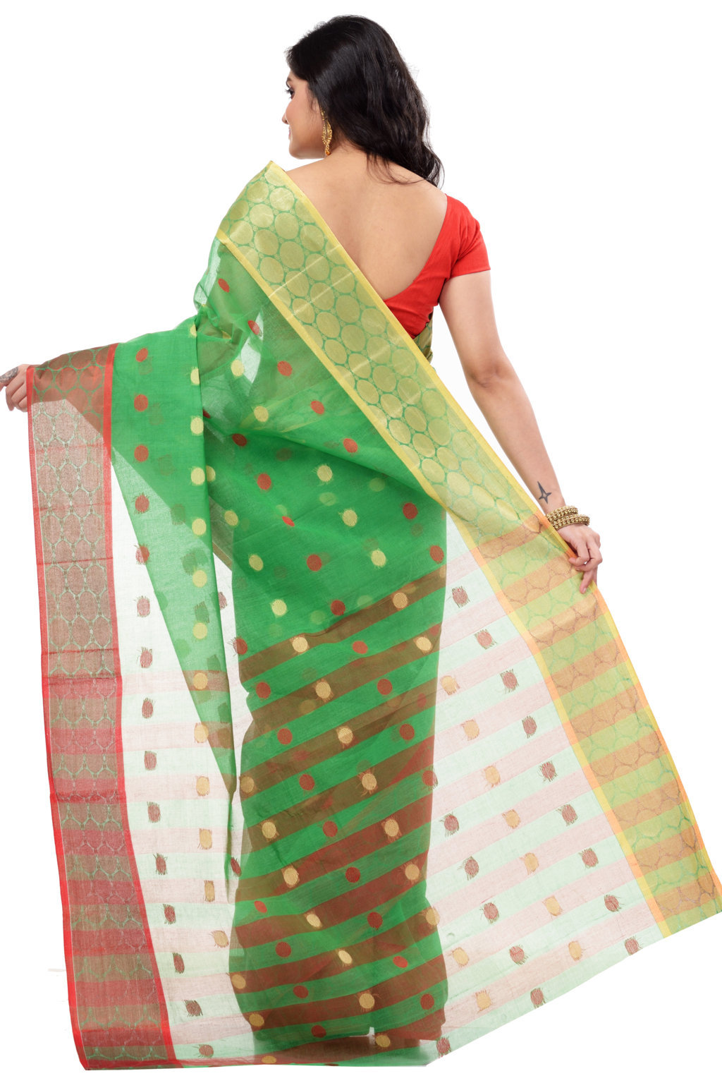 Green Pure Cotton Ganga Jamuna Tant Saree (2558)
